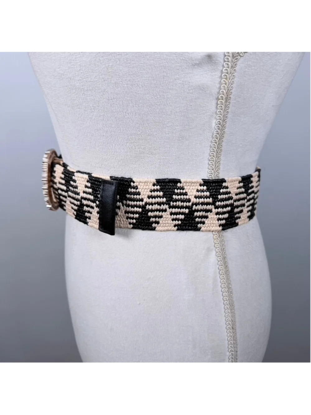 Bohemian Stretch Raffia Belt Black Beige Knit Woven Waist Belt Coastal Size M/L